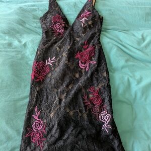 Vintage 90s Black Lace Dress with Pink Floral Accents